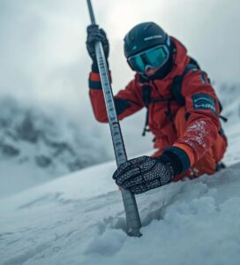 Фрирайдър използва лавинна сонда за търсене в дълбок сняг.