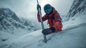 A freerider uses an avalanche probe to search in deep snow.