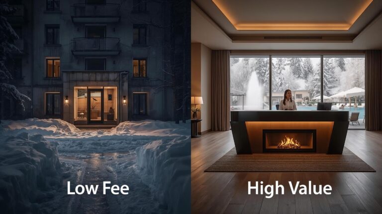 Comparison between a property without a maintenance fee and a luxury complex with a high maintenance fee in Bansko.