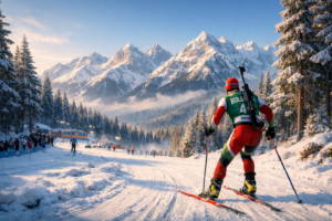 Bulgarian biathlete during a competition at the Winter Olympics