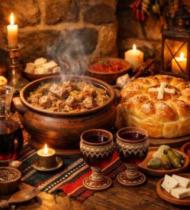 Традиционна трапеза за Ивановден в механа в Банско с червено вино и ястия