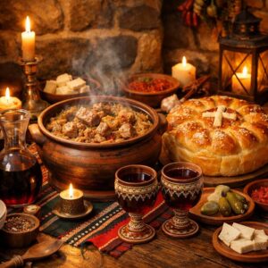 Traditional Midsummer's Day meal in a tavern in Bansko with red wine and dishes