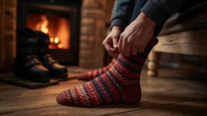 Knitted woolen slippers and ski equipment in a cozy setting in Bansko