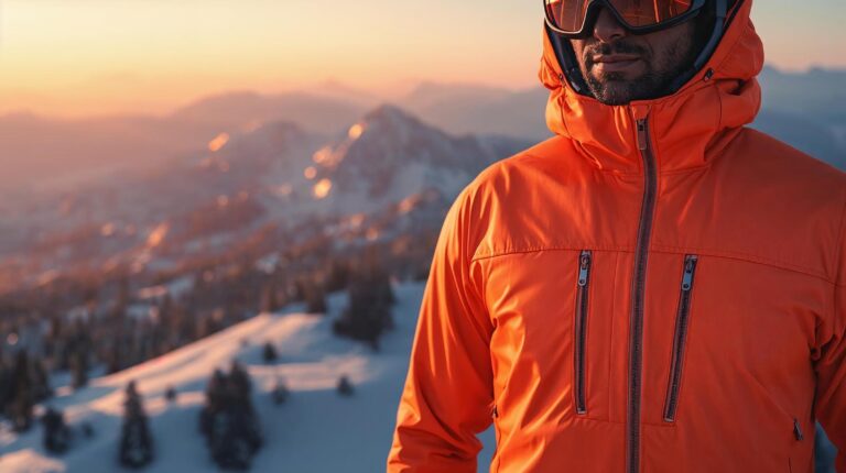 Skier with high-quality waterproof ski jacket on a peak in Bansko