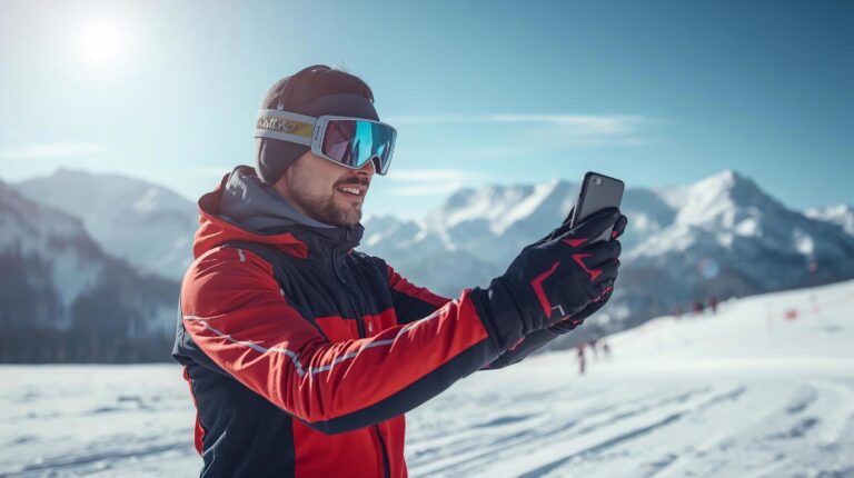 A ski instructor in Bansko uses a smartphone to shoot an Instagram video on the slope.