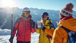 Ski instructor in Bansko shows QR code for tip to tourist