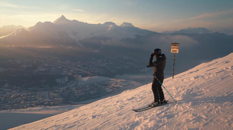 A skier puts on a safety helmet on a slope in Bansko Pirin