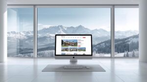 A bright, minimalist and modern real estate office setting with a computer screen showing a professional property listing website. Outside the window, the snowy peaks of Pirin mountains are visible. High-end, clean, corporate but welcoming aesthetic. 8k, photorealistic.