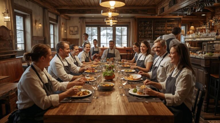 Restaurant team having lunch together before shift - an example of staff retention