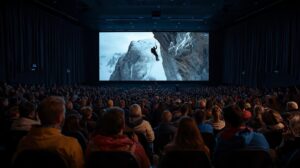 Audience in the cinema hall of Bansko Film Festival watches extreme video