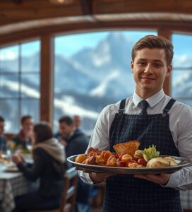 Млад сервитьор в ресторант в Банско на фона на връх Тодорка илюстрира проблема с липса на персонал.