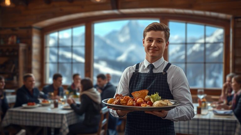 A young waiter in a restaurant in Bansko with Mount Todorka in the background illustrates the problem of lack of staff.