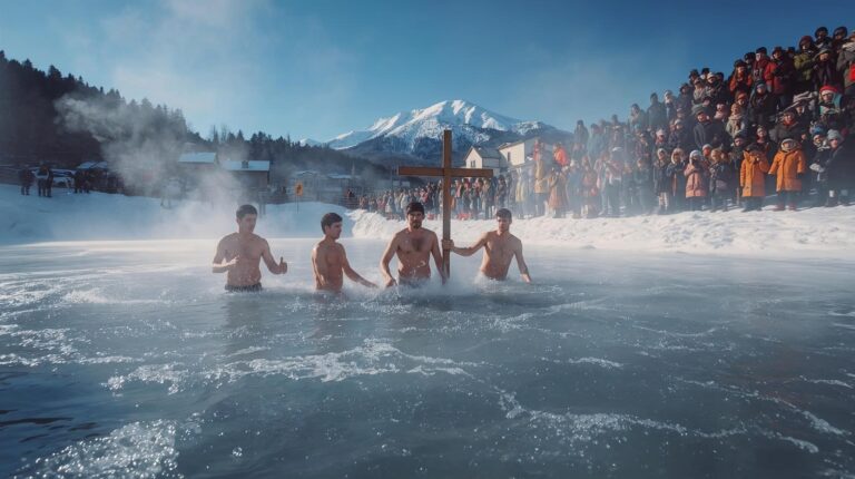 Men jump cross-country into the icy waters on Jordan's Day in Bansko with the Pirin Mountains in the background.