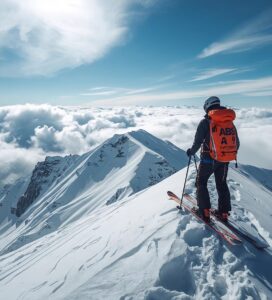 Фрирайд скиор с лавинна екипировка гледа към склоновете на Тодорка в Банско.