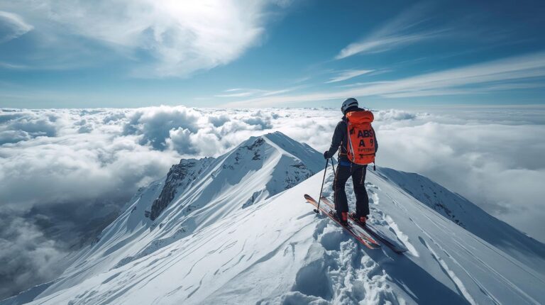 A freeride skier wearing avalanche equipment looks out onto the slopes of Todorka in Bansko.