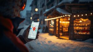 A tourist uses Google Maps to find a shop in Bansko during the winter, looking for souvenirs and ski equipment.