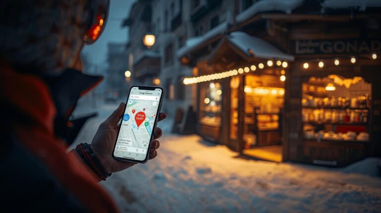 A tourist uses Google Maps to find a shop in Bansko during the winter, looking for souvenirs and ski equipment.