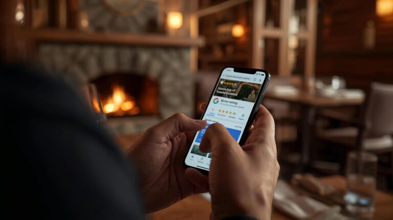 Restaurant owner checks online reviews on Google - reputation management