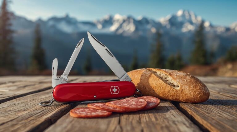 Victorinox Swiss Army knife on a wooden table with a Pirin mountain background