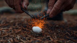 Starting a fire with a magnesium lighter and a spark