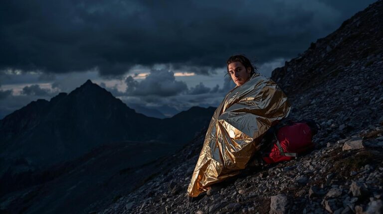 Tourist wrapped in rescue foil (emergency shelter) in Pirin