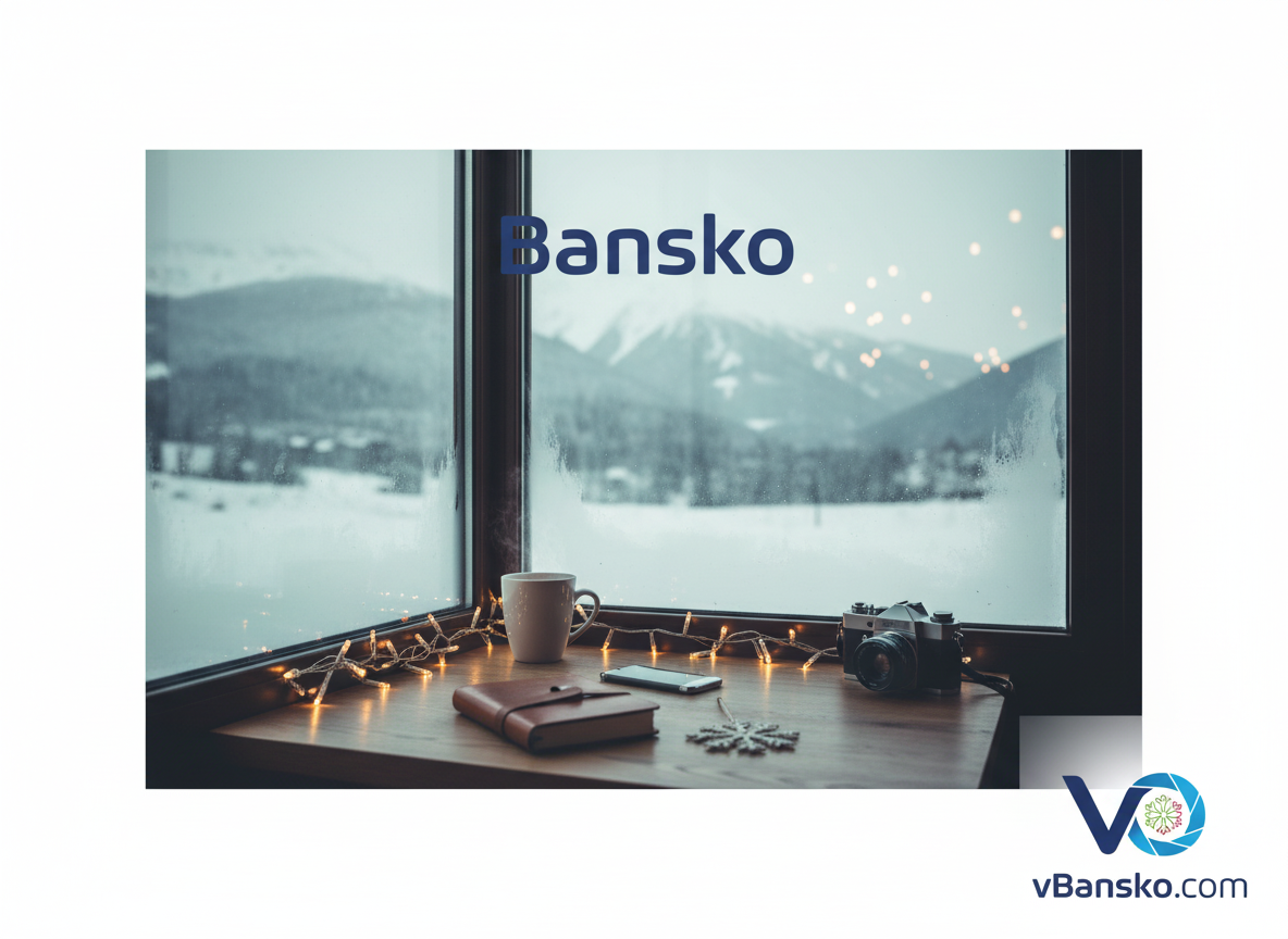 Уютна зимна композиция на прозорец в Банско с гледка към заснежена планина, включваща чаша кафе, тефтер, смартфон, ретро фотоапарат и светещи лампички.