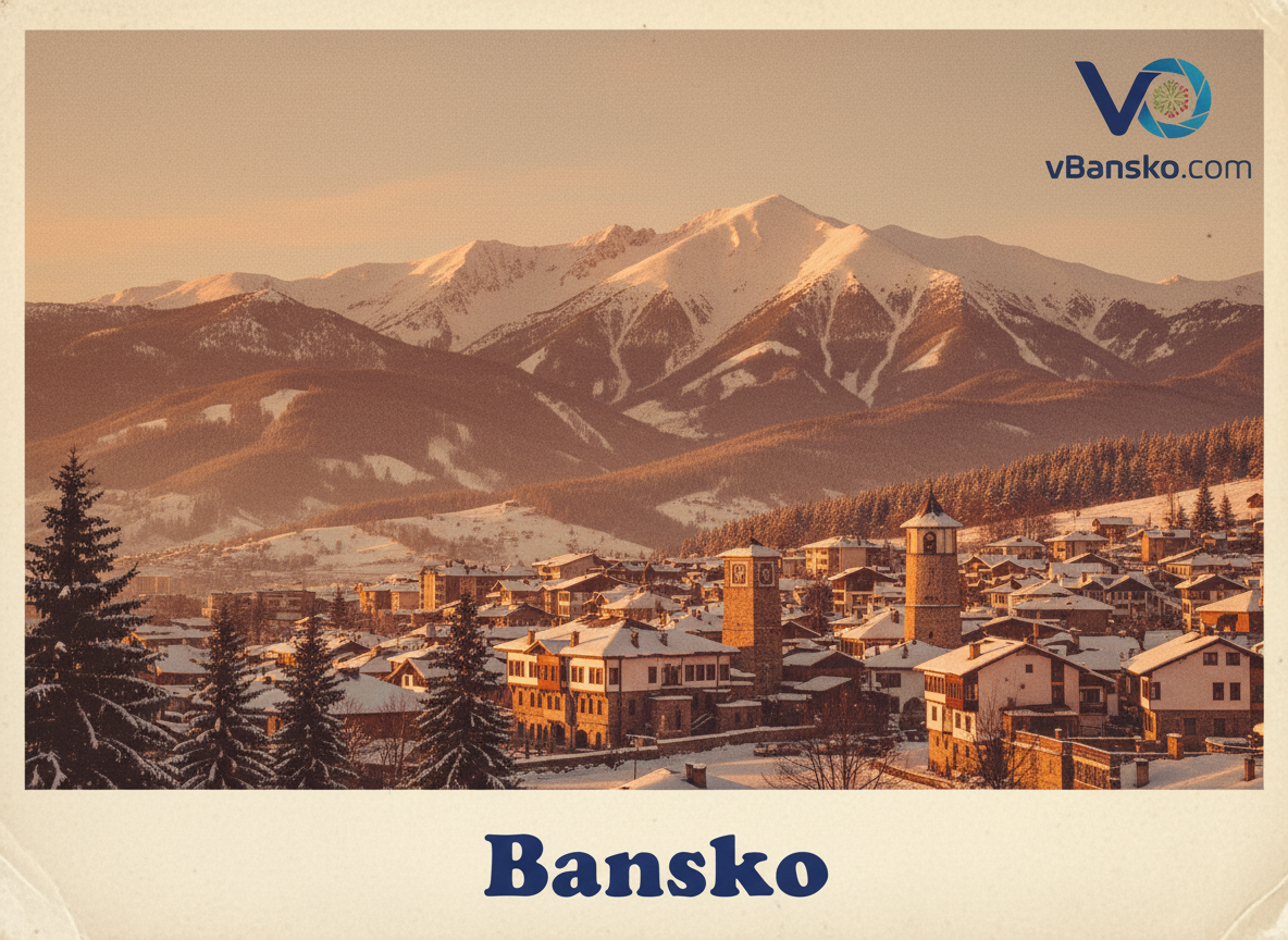 Винтидж пощенска картичка с панорамен зимен изглед към Банско и Пирин планина по залез, с лого на vBansko.com и надпис "Bansko".