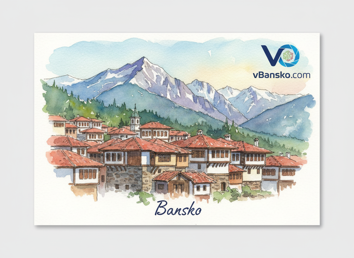 Акварелна пощенска картичка с изглед към старите къщи на Банско и Пирин планина, с лого на vBansko.com.
