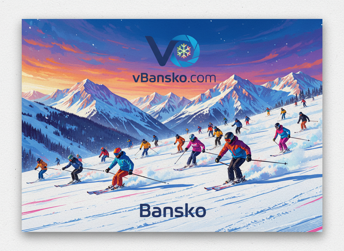 Модерна пощенска картичка с илюстрация на скиори по пистите в Банско по залез, с лого на vBansko.com и надпис "Bansko".