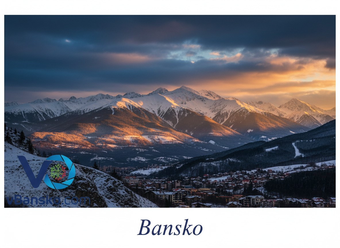 Панорамна зимна гледка към Банско и Пирин планина при залез, със заснежени върхове и драматично небе, с лого vBansko.com.