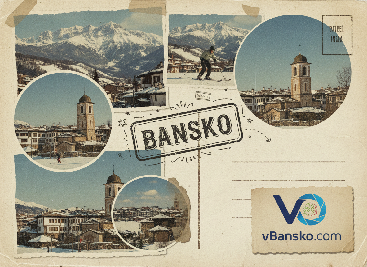 Ретро колаж тип скрапбук с изгледи от зимно Банско, скиор и камбанарията на църквата, с лого на vBansko.com.