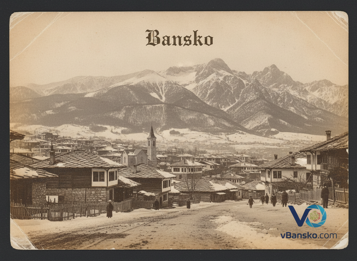 Винтидж пощенска картичка в сепия с исторически зимен изглед към старите улици на Банско и Пирин планина, с лого на vBansko.com.