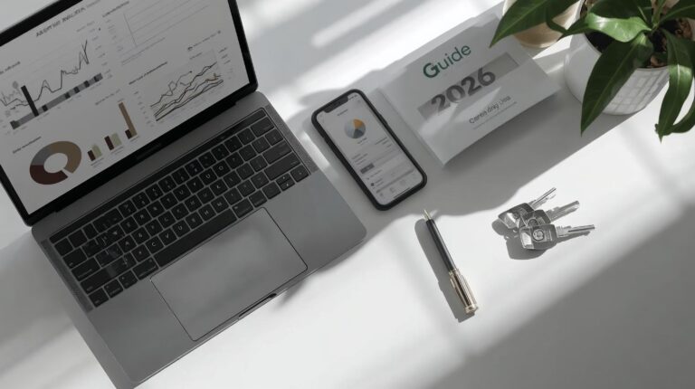 Brokers' Handbook 2026 workplace with laptop and documents