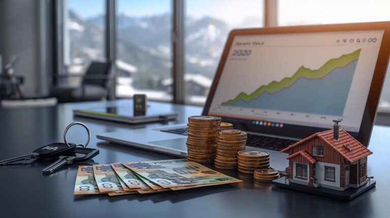 Euro banknotes, property keys and laptop with graph on mountain background