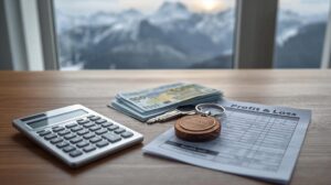 Calculator, money and apartment keys, symbolizing the costs of a property in Bansko.