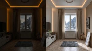 Comparison before and after cosmetic renovation of a living room in Bansko – the effect of new LED lighting and light walls on the interior.