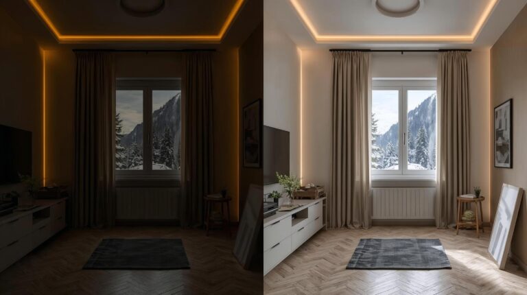 Comparison before and after cosmetic renovation of a living room in Bansko – the effect of new LED lighting and light walls on the interior.