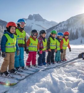 Ски урок за малки деца в Банско с инструктор на фона на Пирин планина