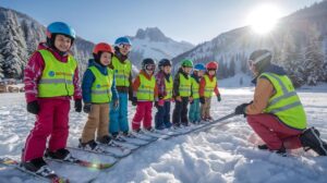 Ski lesson for young children in Bansko with an instructor against the backdrop of Pirin Mountain