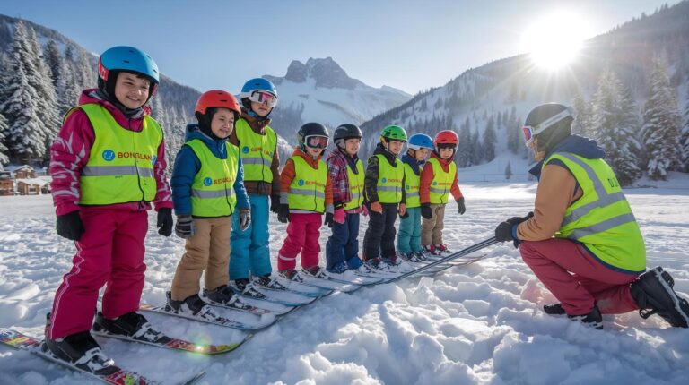 Ski lesson for young children in Bansko with an instructor against the backdrop of Pirin Mountain