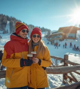 Двойка туристи на почивка на пистите в Банско без ски, пиещи чай на Бъндеришка поляна