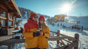 A couple of tourists on vacation on the slopes in Bansko without skis, drinking tea at Banderishka Polyana