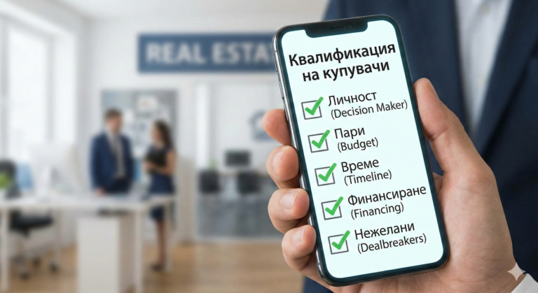 Smartphone with a checklist for qualifying property buyers in the hand of a broker