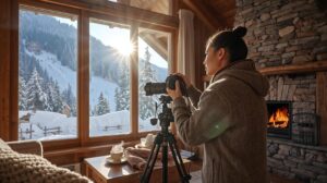 Professional interior photography for Airbnb in Bansko with a view of Pirin Mountain.
