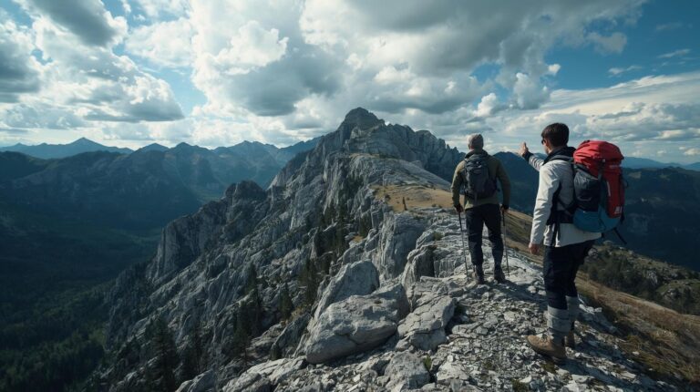 Certified mountain guide Bansko shows route to Vihren peak to tourists in Pirin Mountain