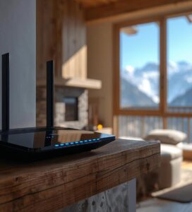 Модерен WiFi рутер за интернет в Банско поставен на дървен рафт с гледка към Пирин