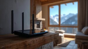 Modern WiFi router for internet in Bansko placed on a wooden shelf with a view of Pirin Mountain
