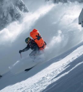 Скиор с надута лавинна раница Airbag по време на лавина в Пирин.