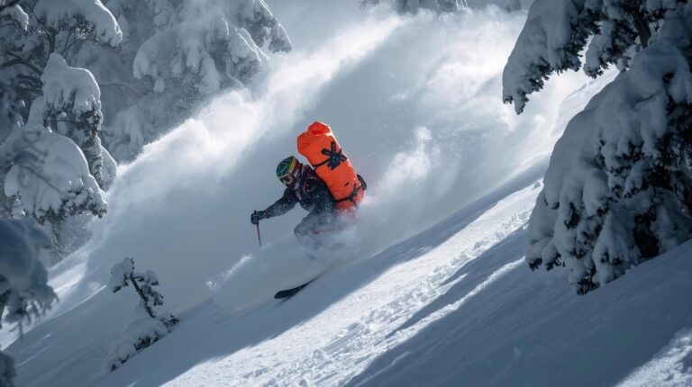 A skier with an inflated avalanche airbag during an avalanche in Pirin.