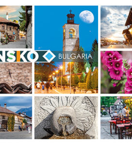 Модерен скрапбук колаж под формата на пощенска картичка от Банско, България, включващ девет снимки на архитектура, природа и градски живот върху фон от старинна карта.